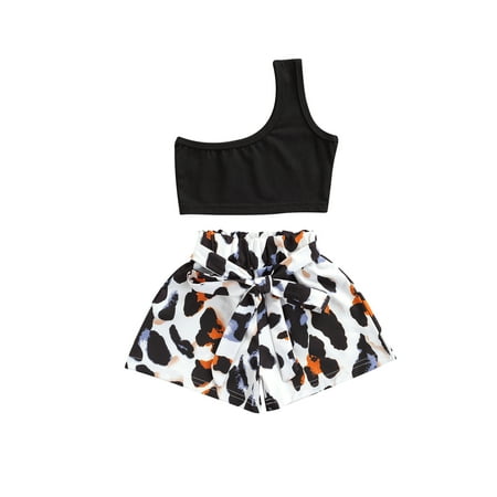 

Sunisery Toddler Sets Girl Sleeveless Cotton Solid Color Crop Top Tie-up Leopard Shorts Black 2-3 Years