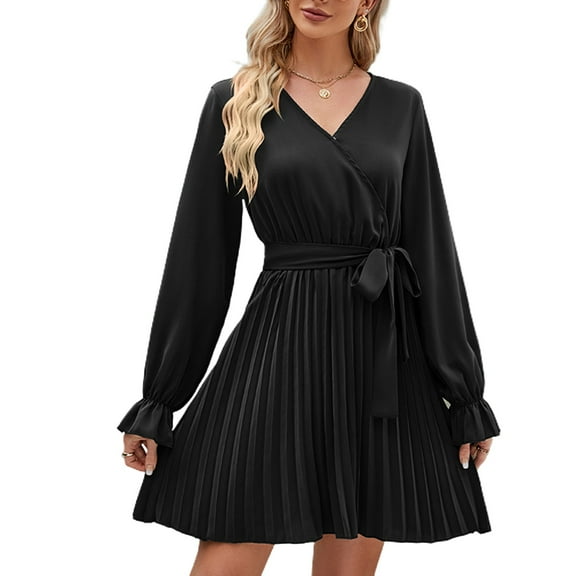 SWSMCLT Women's Long Sleeve Dress Chiffon V Neck Wrap Tie Waist Party Dresses Casual Short Ruched Pleated Black Large