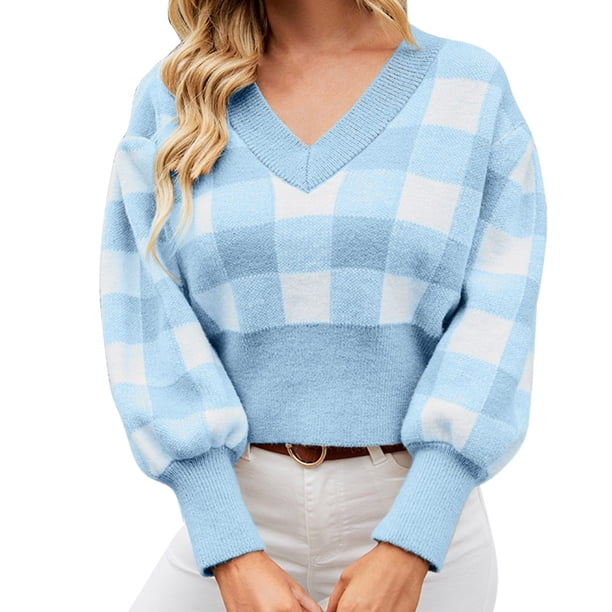 Gibobby Suéter cuello v, Suéter para Mujer Elegante y Ligero Manga Larga(Azul,M)