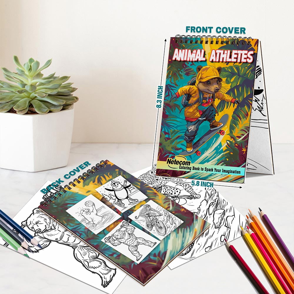 Netecom Animal Athletes Coloring Book for Adults, A5 Wooden Cover, 30 Dynamic Coloring Pages of Sports-Playing Animals for Stress Relief and Relaxation, Spiral Bound Edition