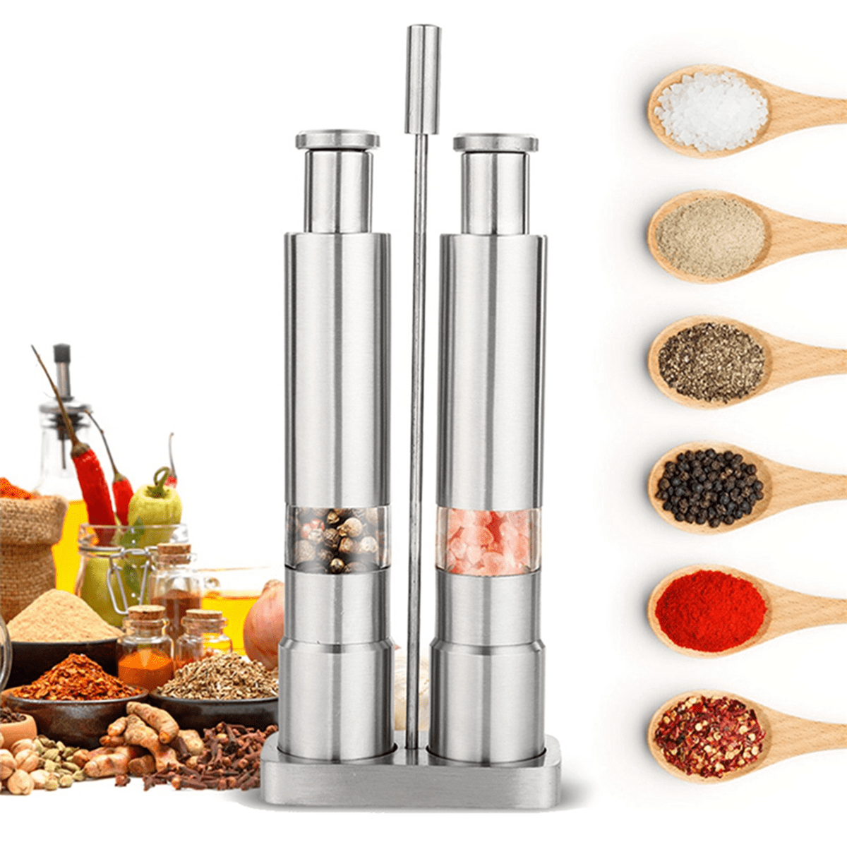 2X Manual Salt and Pepper Grinder Set Thumb Push Pepper Mill Stainless Steel Spice Sauce Grinders with Metal Holder