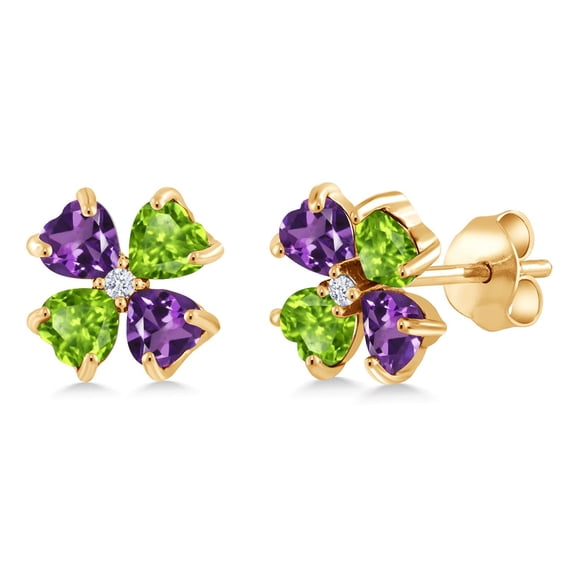 Gem Stone King 18K Yellow Gold Plated Silver Purple Amethyst and Green Peridot Earrings for Women | 2.23 Cttw | Gemstone February Birthstone | Heart Shape 4MM