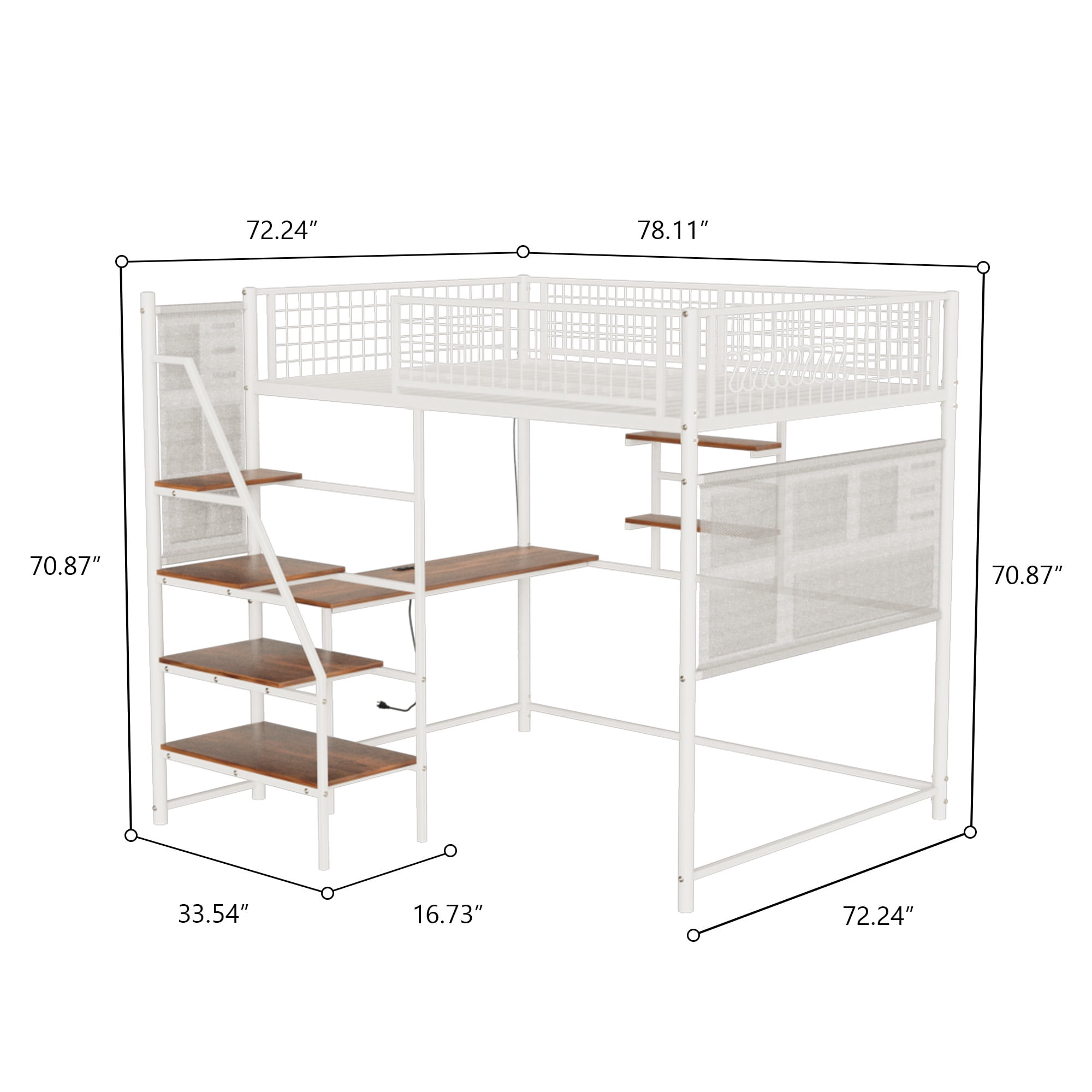 Yoneston Full Size Loft Metal Bed Frame with Built-in Charging Station and LED Lighting for Bedroom and Dormitory, White