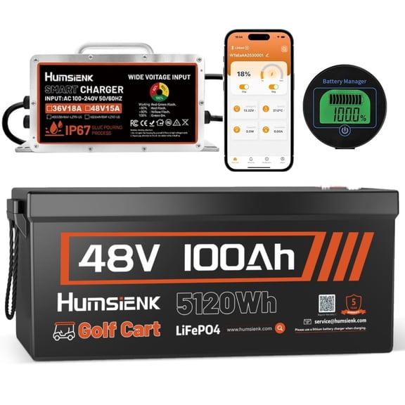 HumsiENK 48V 100Ah Golf Cart LiFePO4 Lithium Battery with 15A Charger, 48V Metal Case LiFePO4 Battery with Bluetooth,Built-in 200A BMS for Golf Cart, Boat, RV, Off-Grid, Home Storage
