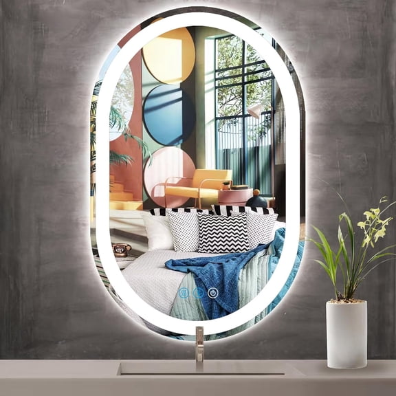 Oval Led Mirror for Wall 24 x 36 inch  Oval Lighted Vanity Bathroom Mirror with 3 Color Front LED Oval Mirror with Lights AntiFog Dimmable 36 inch Bathroom Oval Smart Mirror espejo para baño con luz