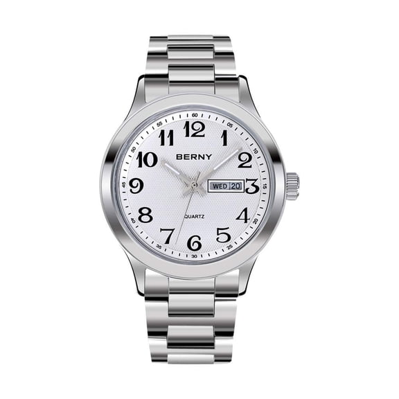 BERNY Silver Watch for Men, Fashion Easy to Read Quartz Analog Watch with Day & Date Calendar, Luminous, Stainless Steel, Waterproof, Business Dress Men's Wrist Watches (White)