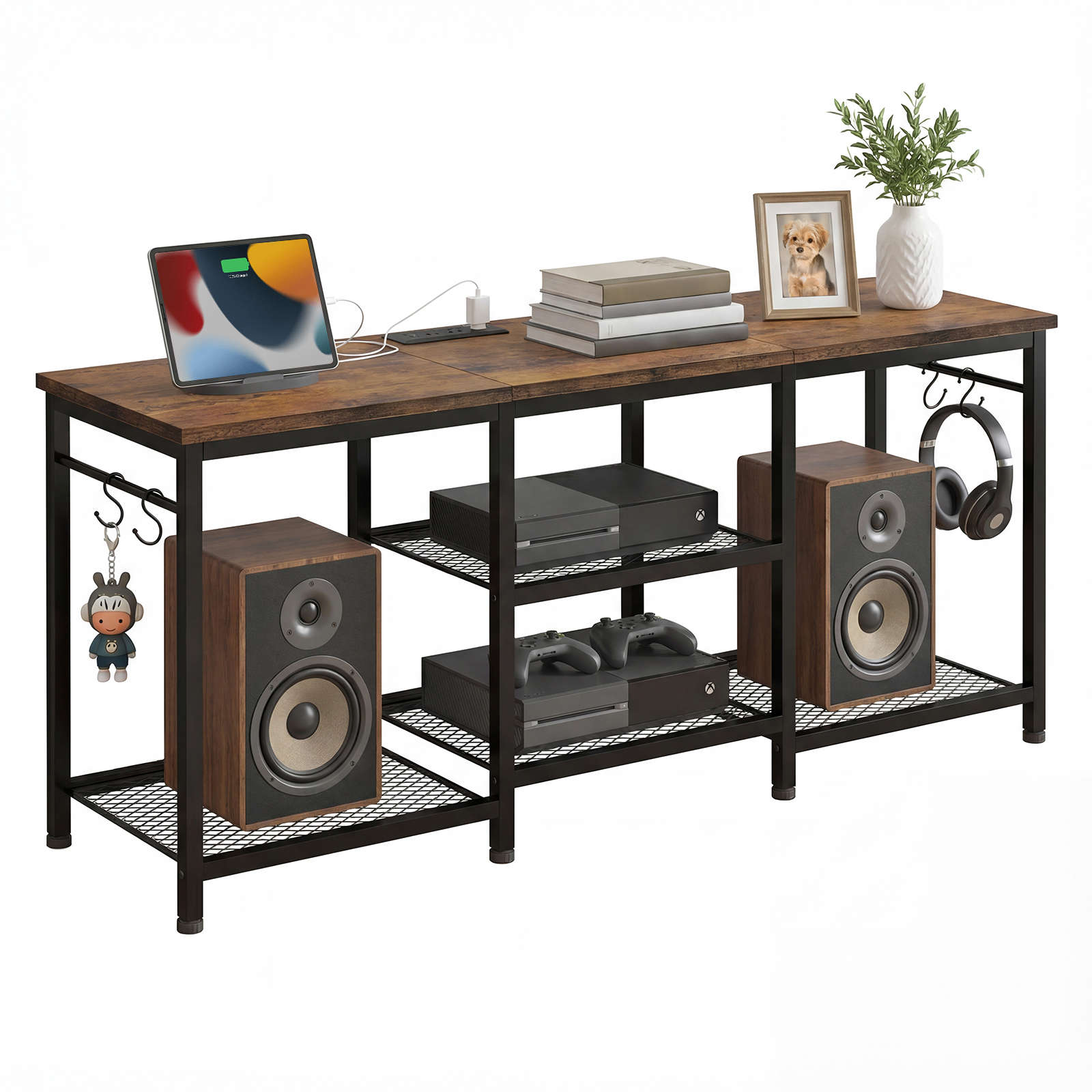 Tomnk TV Stand for 55 Inch TV, Entertainment Center with Power Outlet and Open Storage Shelves, Media Console Table for Living Room and Bedroom, Rustic Brown