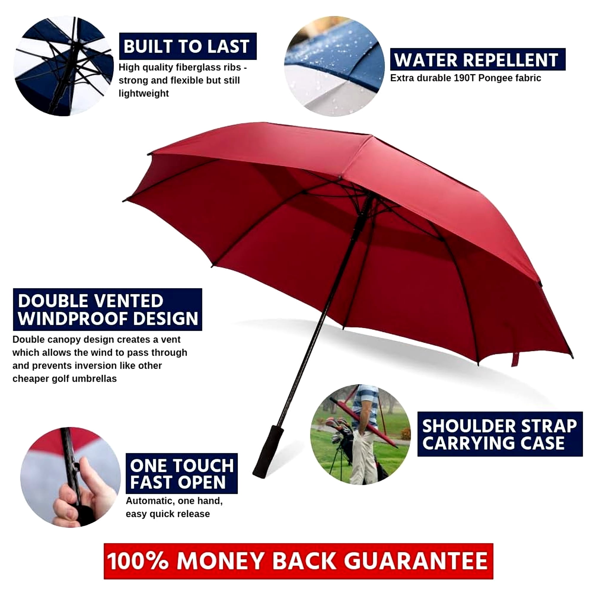 62 Inch Golf Umbrella (Red, 1-Pack) UV Umbrella Protection Sun Big Umbrella Waterproof Canopy Umbrella for Women Umbrellas for Kids Oversized Umbrella