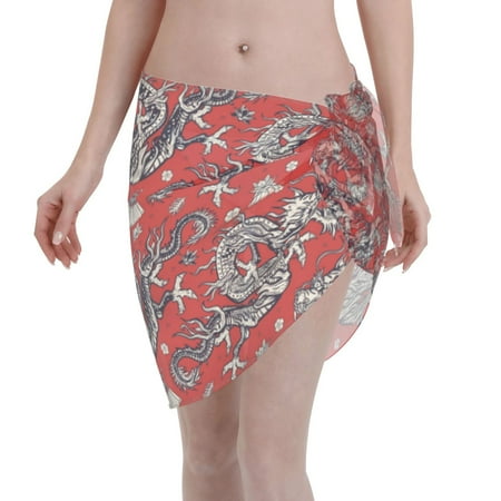 Qekee Dragons2 Women s Short Sarongs Cover Ups Sheer Bikini Wraps for Swimwear