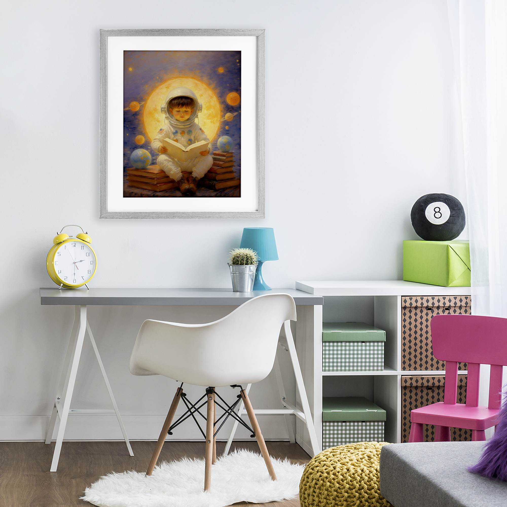 Astronaut Child Learning Gray Framed Print Under Glass, design by Angie Hawke