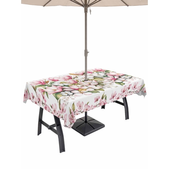Outdoor Tablecloth with Umbrella Hole for Patio/Picnic/Party/Camping, Spring Floral Waterproof Table Cloth Rectangle Table Cover Washable, Retro Pink Orchid Flowers Leaves Botanical (60"x 102")