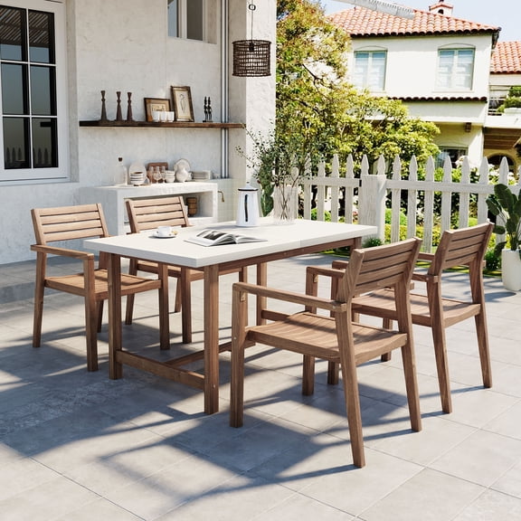 DTTRA 5-Piece Acacia Wood Outdoor Dining Set, 59" Rectangular Table & 4 Chairs, Light Brown