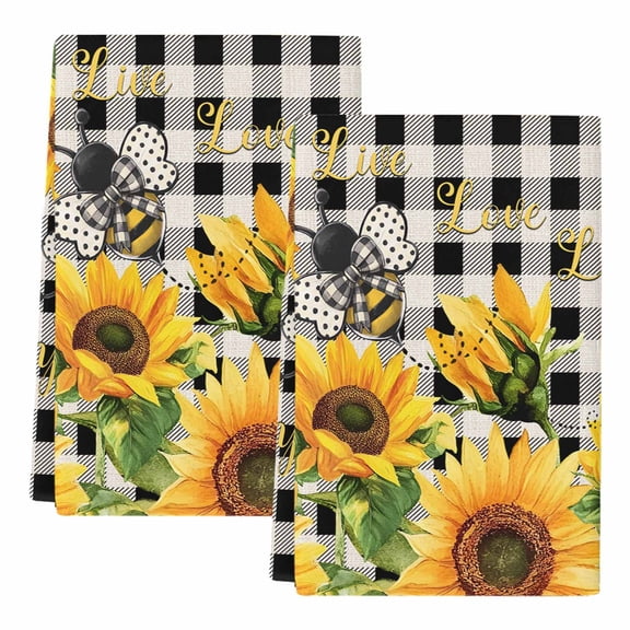 Dish Towels, Bee Sunflower Absorbent Kitchen Towels 2 PCS, Rustic Black Buffalo Plaid Microfiber Hand Towels Dish Cloths Tea Towels for Home Bathroom Cleaning Drying,18X28-Inch,
