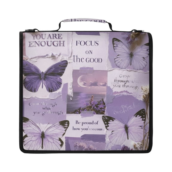 Zipper Binder with Shoulder Strap 2 inch 3 Ring Waterproof File Folder Organizer Bag 500 Sheet Purple and Butterfly Collage