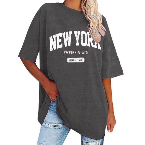 DHFJKG Women's Summer Top Short Sleeve Tshirt Vintage New York Letter Print Casual Baggy Streetwear Crewneck Trendy Tops