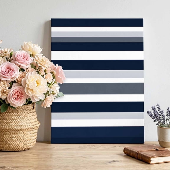 Canvas Wall Art Dark Blue Canvas Art Print and Grey Stripe Abstract Geometric Stripes Pictures Wall Decor for Living Room Bedroom Artwork Decorations Stretched Framed Ready to Hang 12"x18"