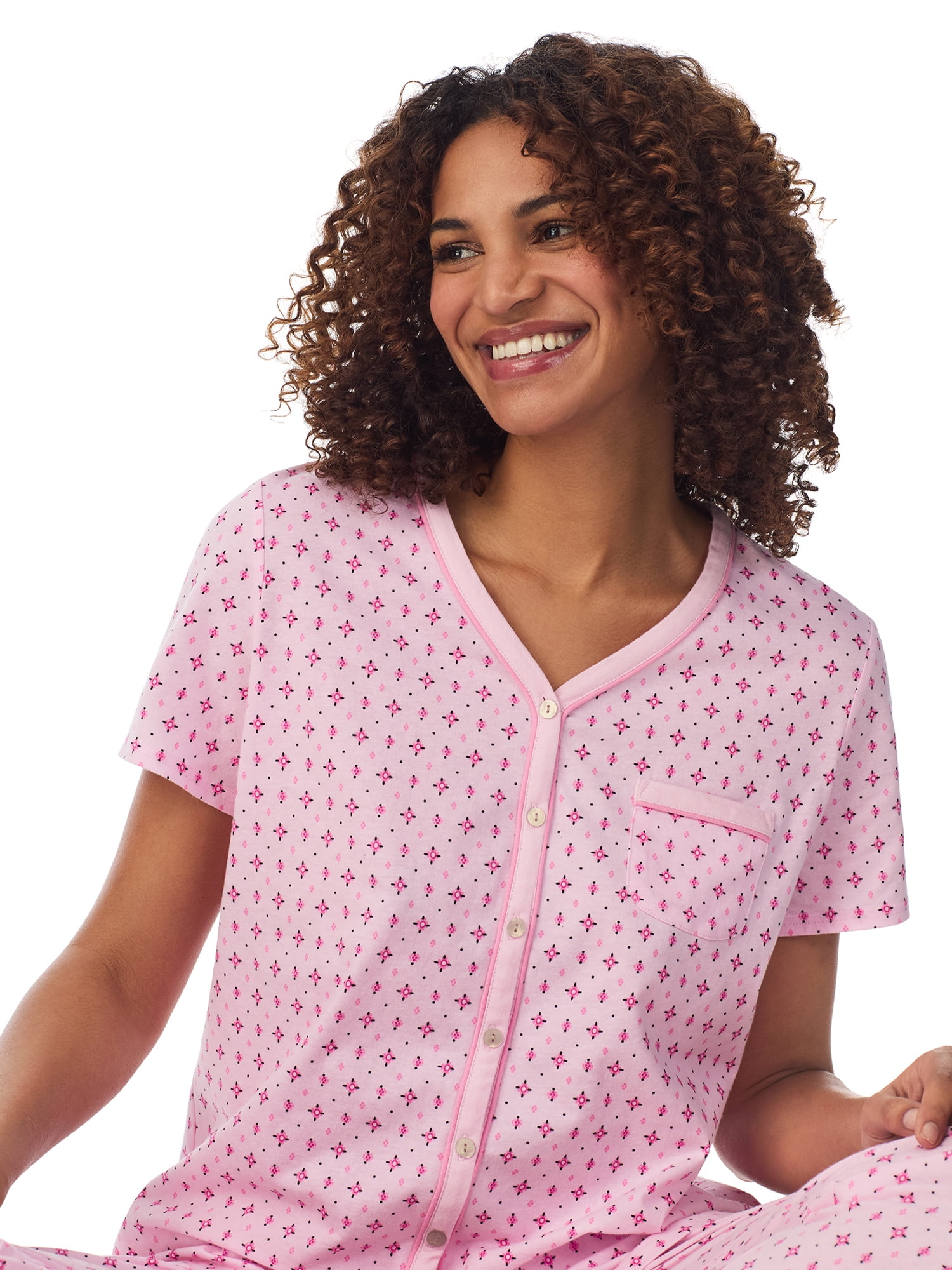 Aria Short Sleeve 100% Cotton Cropped Pajama Set with Pockets, Women’s Sizes S-3X