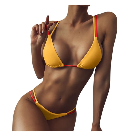DHFJKG Women's Bikini Set 2 Piece Swimwear Triangle Side Tie Bra Thong Bottoms Color Block Trendy Beachwear