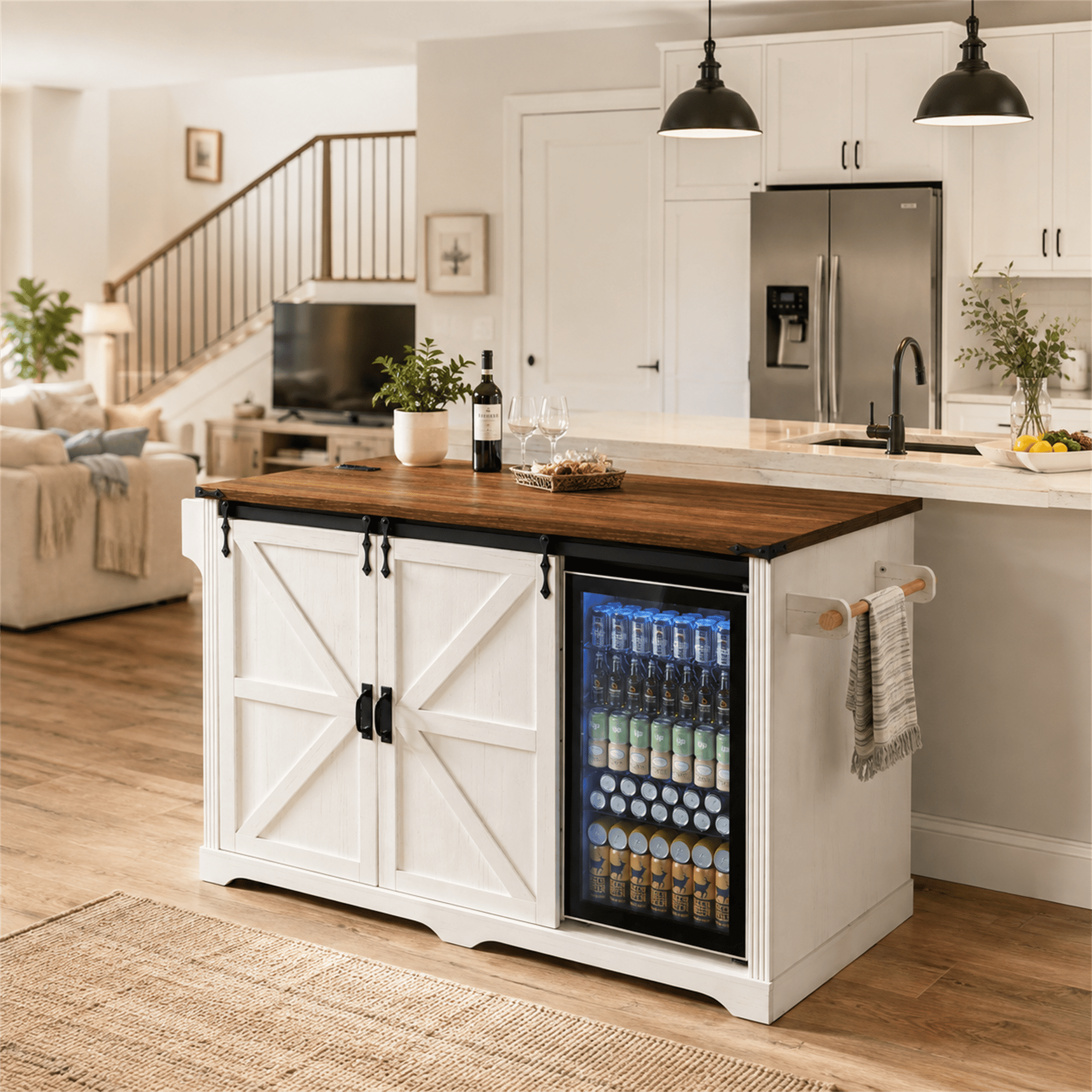 Homy Casa 72" Rolling Kitchen Island with Drop Leaf, Charging Station and Dual Fridge Bays, White