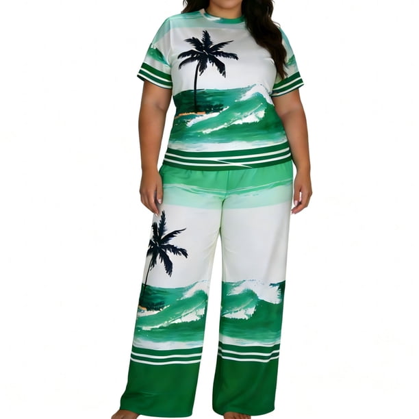 Set de Lavado Corporal de Manga Corta Impresa de las Mujeres Cuello Redondo con Pantalones a Juego Dos Piezas de Vestido de Verano de Primavera Casual