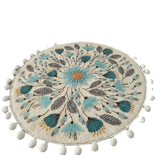 Small Round Rug Circle Cute Bath Mat with Pom Poms Fringe Floral Plant Washable Bathroom Rugs Soft Non-Slip Circular Throw Rug Carpet for Shower Sink Powder Room Nursery Bedroom Table