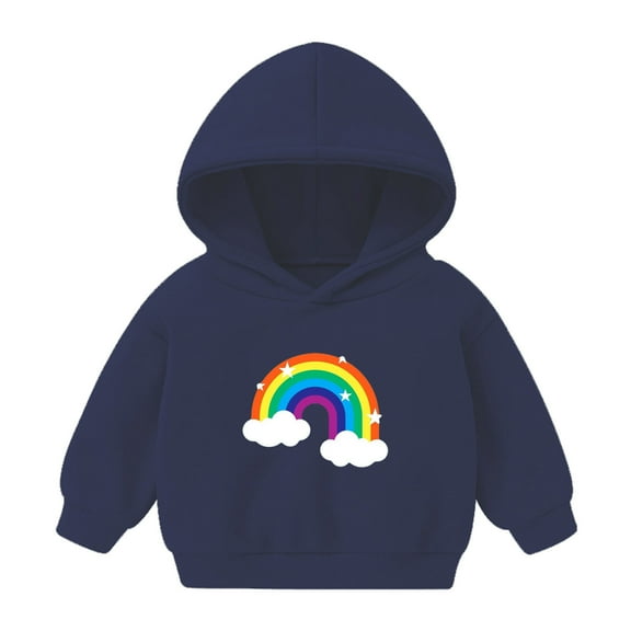 Odeerbi Toddler Boys Girls Fleece Hoodies Rainbow Pattern Pullover Hooded Sweatshirts Children's Printed Long Sleeve Round Neck Hooded Sweatshirt Dark Blue