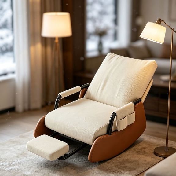 Indoor Leisure Recliner Rocking Chair Beige Corduroy with Pull Out Footrest Single Pack