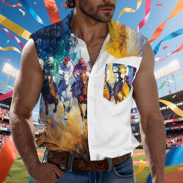Camiseta sin mangas con cuello vuelto para hombre, estilo informal, a la moda, con estampado, cuello vuelto, sin mangas, bolsillos, deportiva, de poliéster