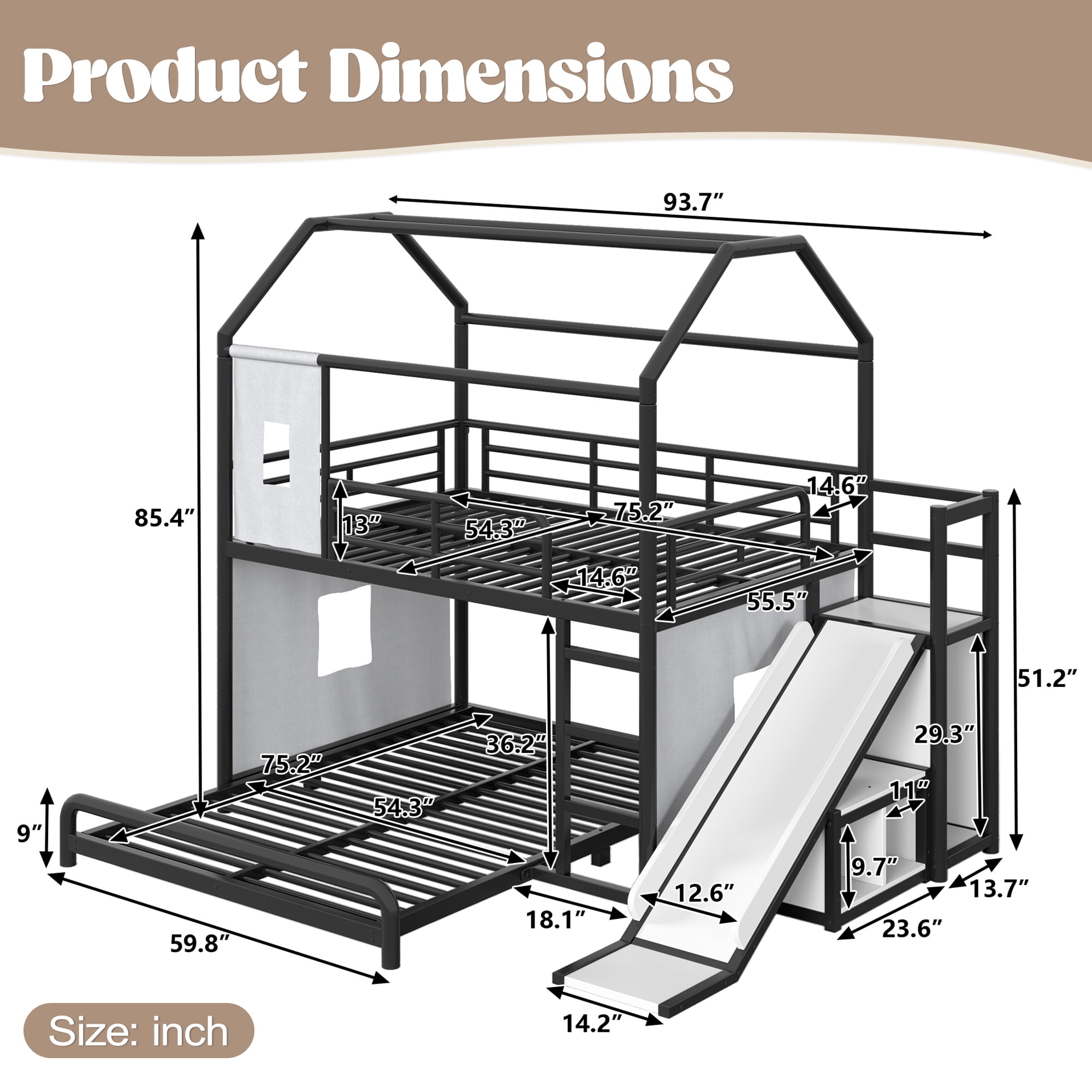 Leumius Full over Full Playhouse Metal Bunk Bed with Slide & Ladder, House Shaped Bunk Bed with LED Light Strip, Privacy Curtain, Movable Storage Cabinet and Hanging Rod for Bedroom Black