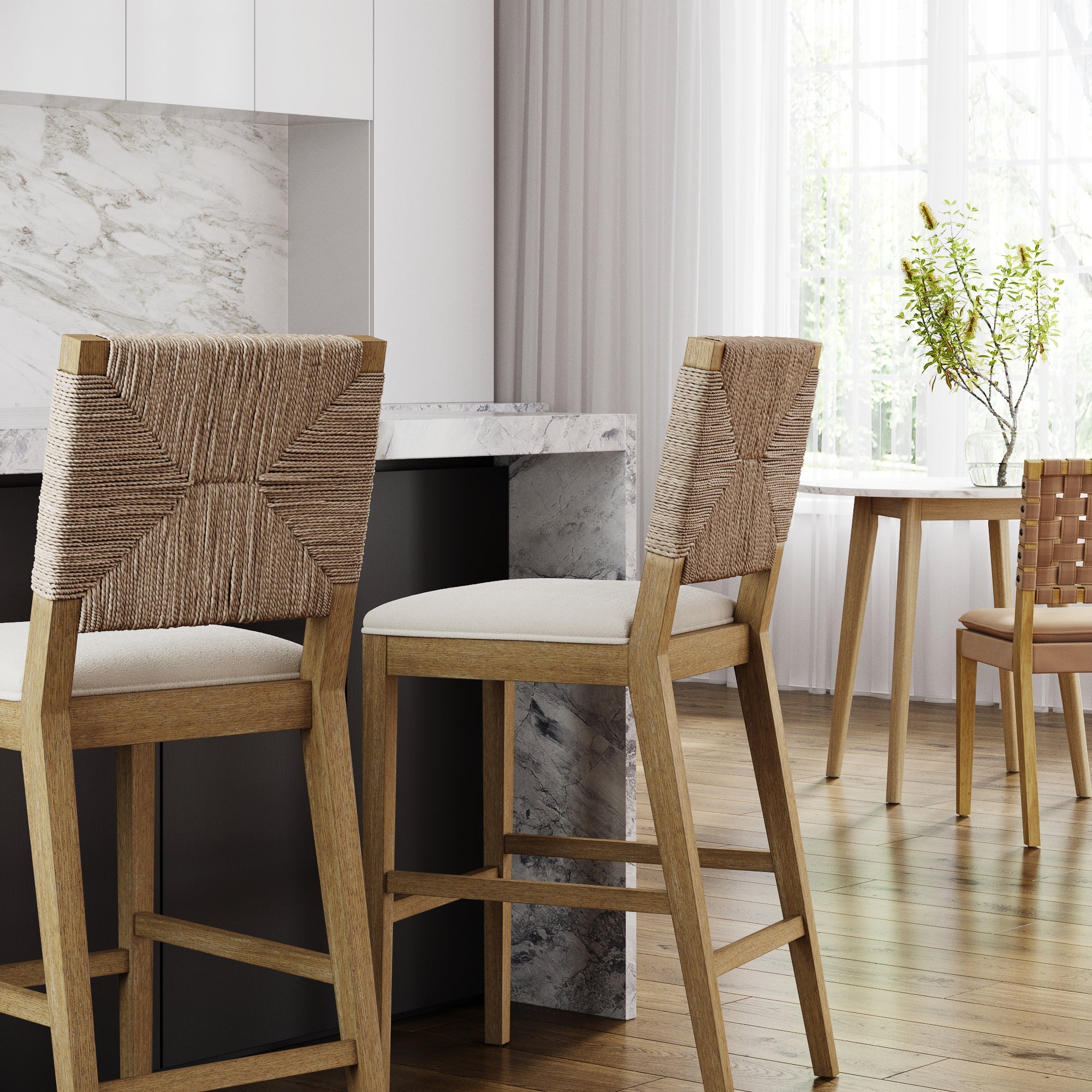 Nathan James Beacon Bohemian Boucle Bar Stool with Back, Bar Height Kitchen Island Chair, Seagrass Bar Stool, Cream Boucle/Brushed Light Brown, Set of 2