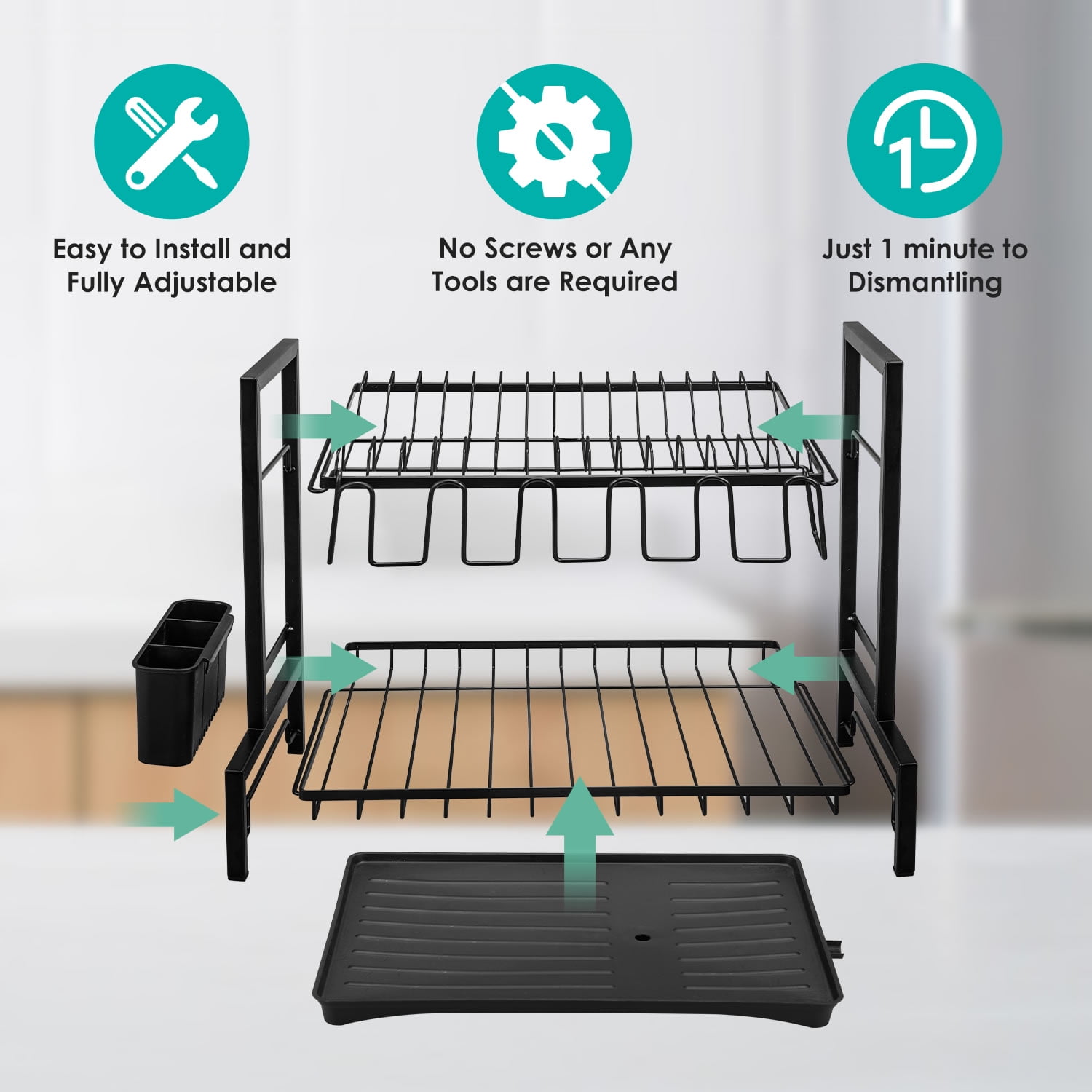 Stelive 2-Tier Dish Drying Rack Dish Drainer Dish/Cup/Cutting Board Cutlery Holder Dish Drainer Rack Multifunctional Storage Rack w/Drainboard & 360° Telescopic Drain Pipe for Kitchen (Black)