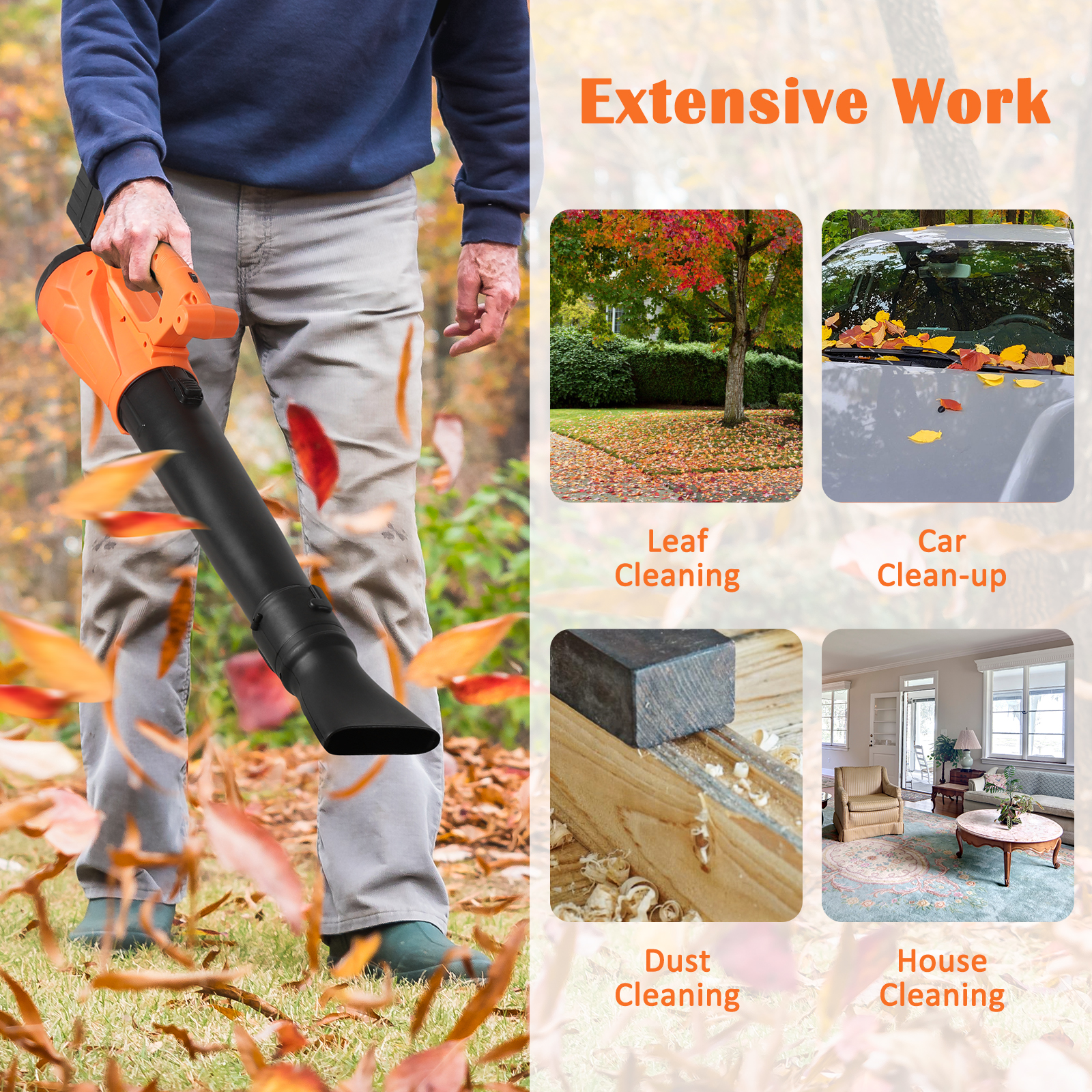 24V Cordless Leaf Blower, 540 CFM Electric Leaf Blower for Lawn Care, 12000rpm and 6 Speeds with Battery, Fast Charger, Orange