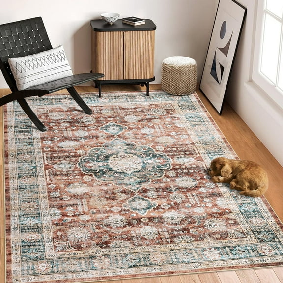 GlowSol 8'x10' Washable Area Rugs for Living Room Bedroom Vintage Medallion Print Non Slip Low Pile Throw Rugs Soft Foldable Accent Rug, Brick