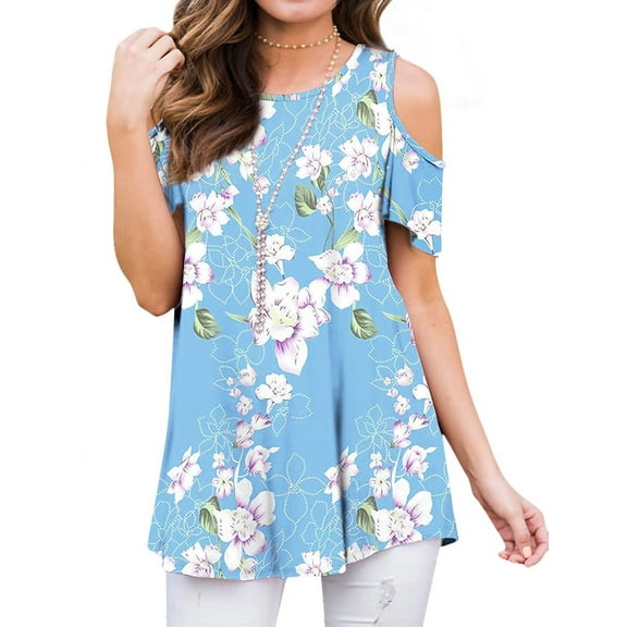 Hibeli Women Floral Paisley Print Summer T Shirts Cold Shoulder Tunic Top Blouse