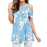 Hibeli Women Floral Paisley Print Summer T Shirts Cold Shoulder Tunic Top Blouse