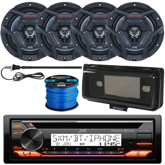 Single DIN Marine Bluetooth USB AUX AM/FM Radio CD Player Receiver Bundle Combo with 4x 6.5" 150W 2-Way Black Waterproof Boat Audio Speakers, Receiver Shield, Antenna, Speaker Wiring