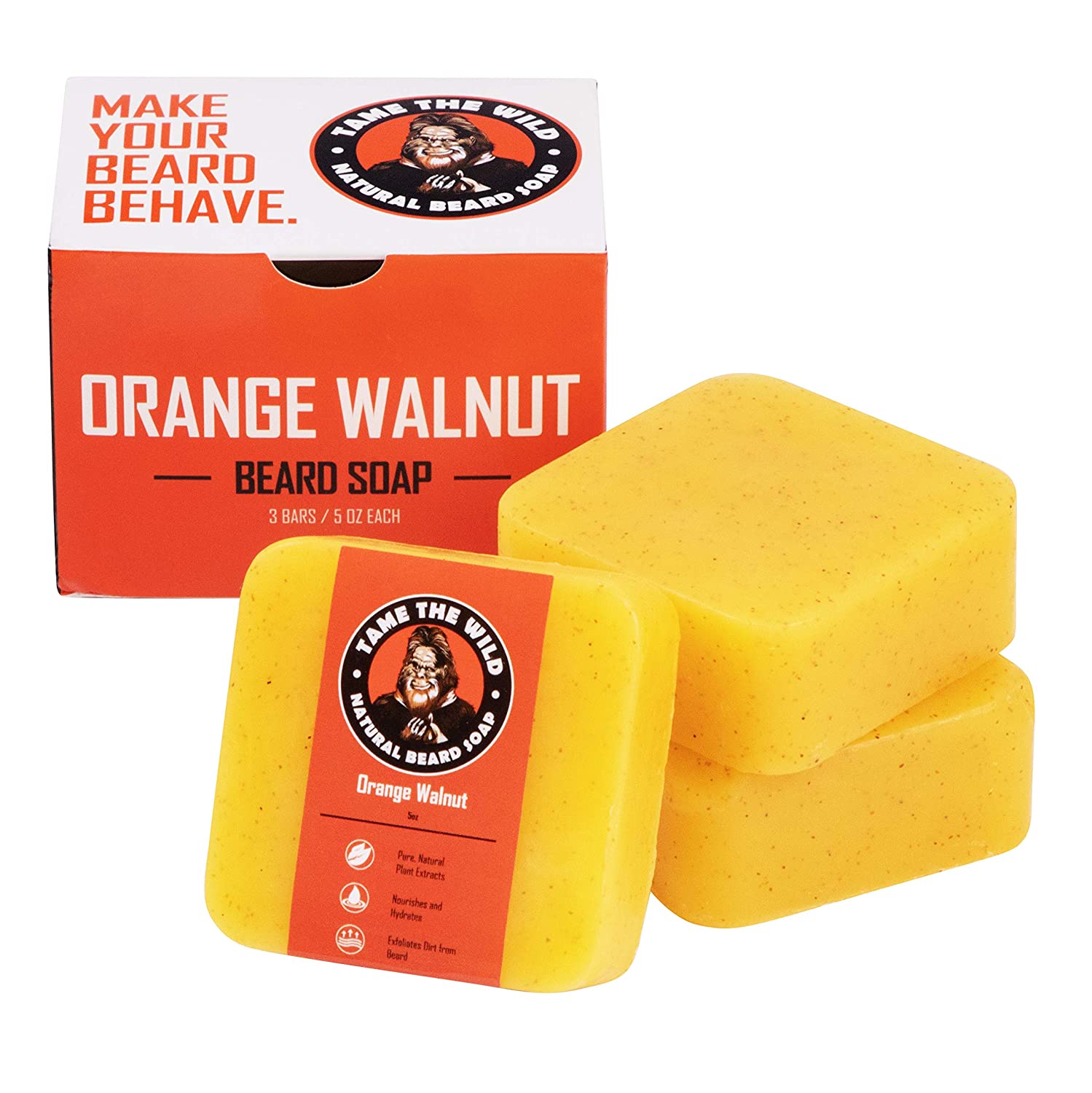 Tame the Wild Orange Walnut Beard Soap - Natural Beard Wash - Beard Shampoo & Conditioner - Exfoliating Face & Body Scrub - Made of Shea Butter & Coconut Oil - 3 Pack Set of 5oz Bars - image 1 of 7