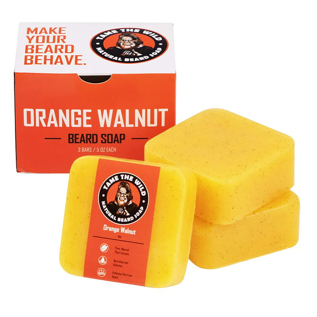 Tame the Wild Orange Walnut Beard Soap - Natural Beard Wash - Beard Shampoo & Conditioner - Exfoliating Face & Body Scrub - Made of Shea Butter & Coconut Oil - 3 Pack Set of 5oz Bars