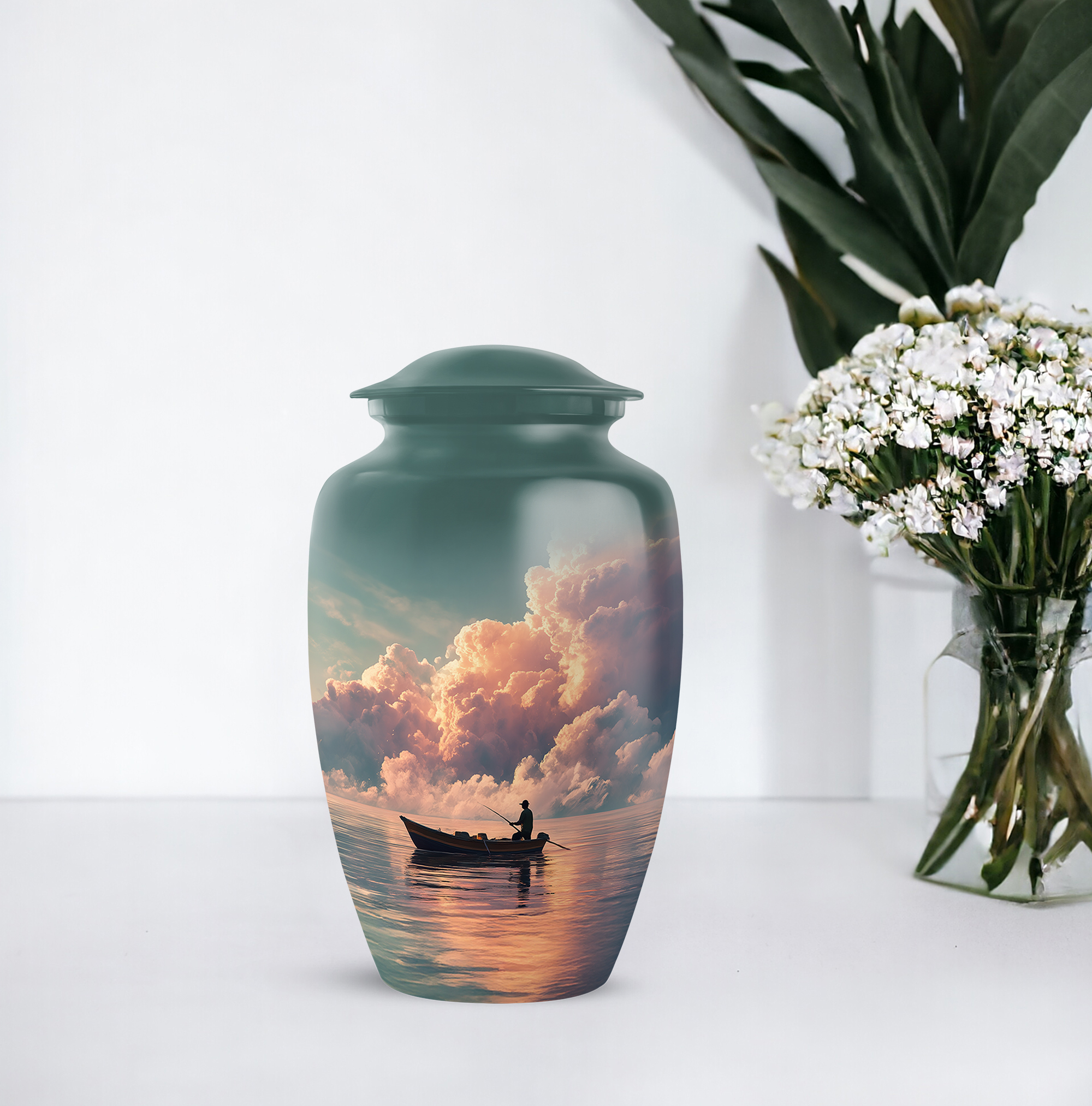 Fishing Man And Women's Urns For Human Ashes Adult - 1 Large Urn For Ashes For Women & Men - Blue Cremation Urn For Mothers Ash - Cloud Memorial Urns For Burial 10 Inch, 4 Keepsake Set