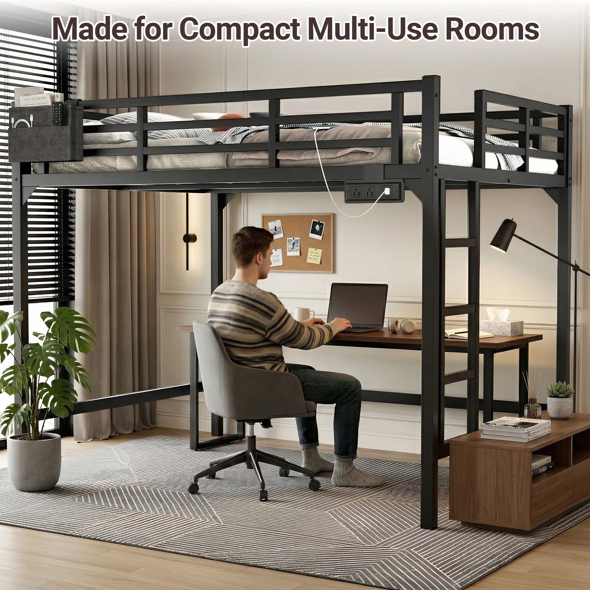 Miniyam Full Metal Loft Bed with LED and Charging Station for Adults in Apartments, Black