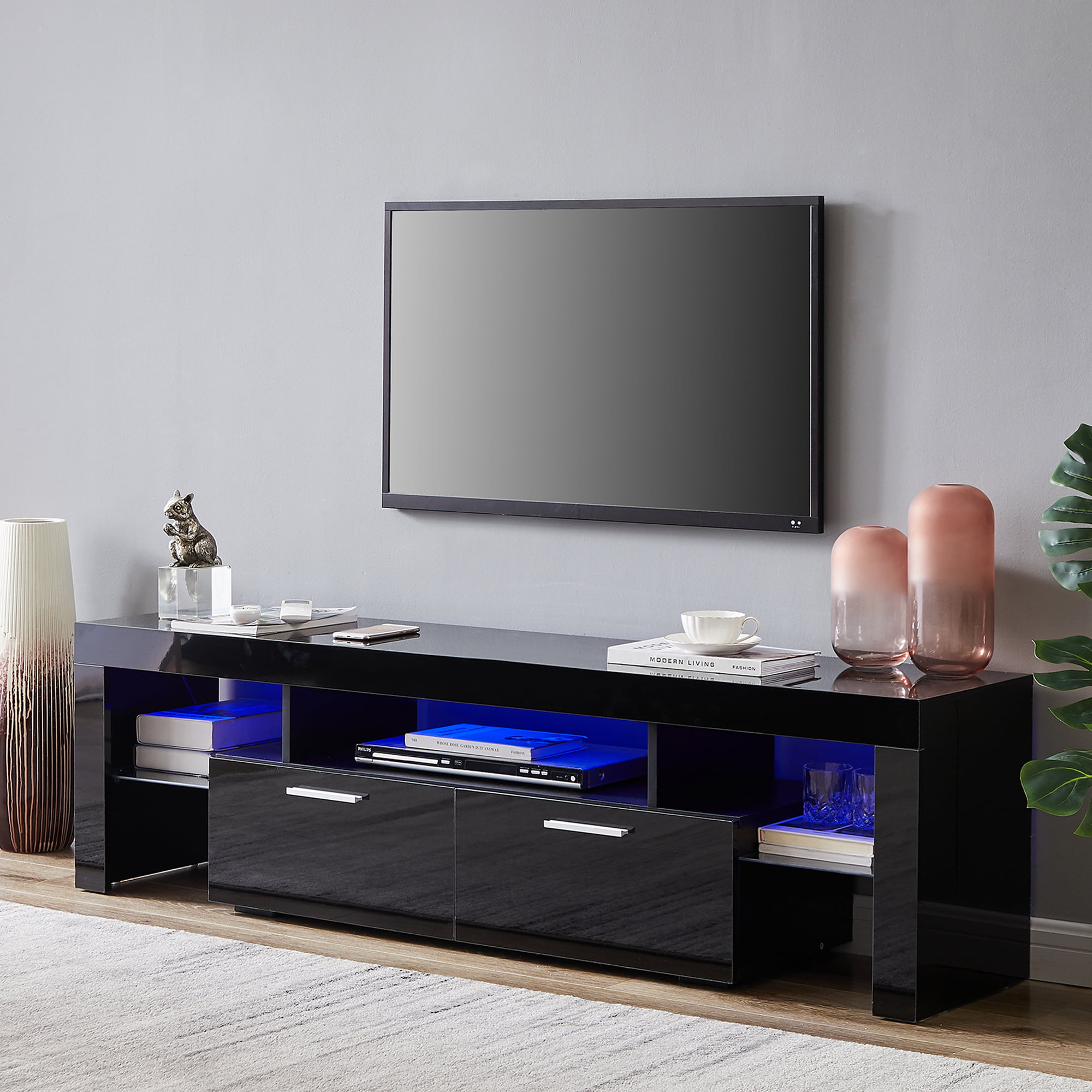 16 Colors LED RGB lights Lliving room Furniture 120cm-B Black Matt and Black High Gloss Table Black TV Cabinet Table with Storage Modern LED TV Stand Unit 