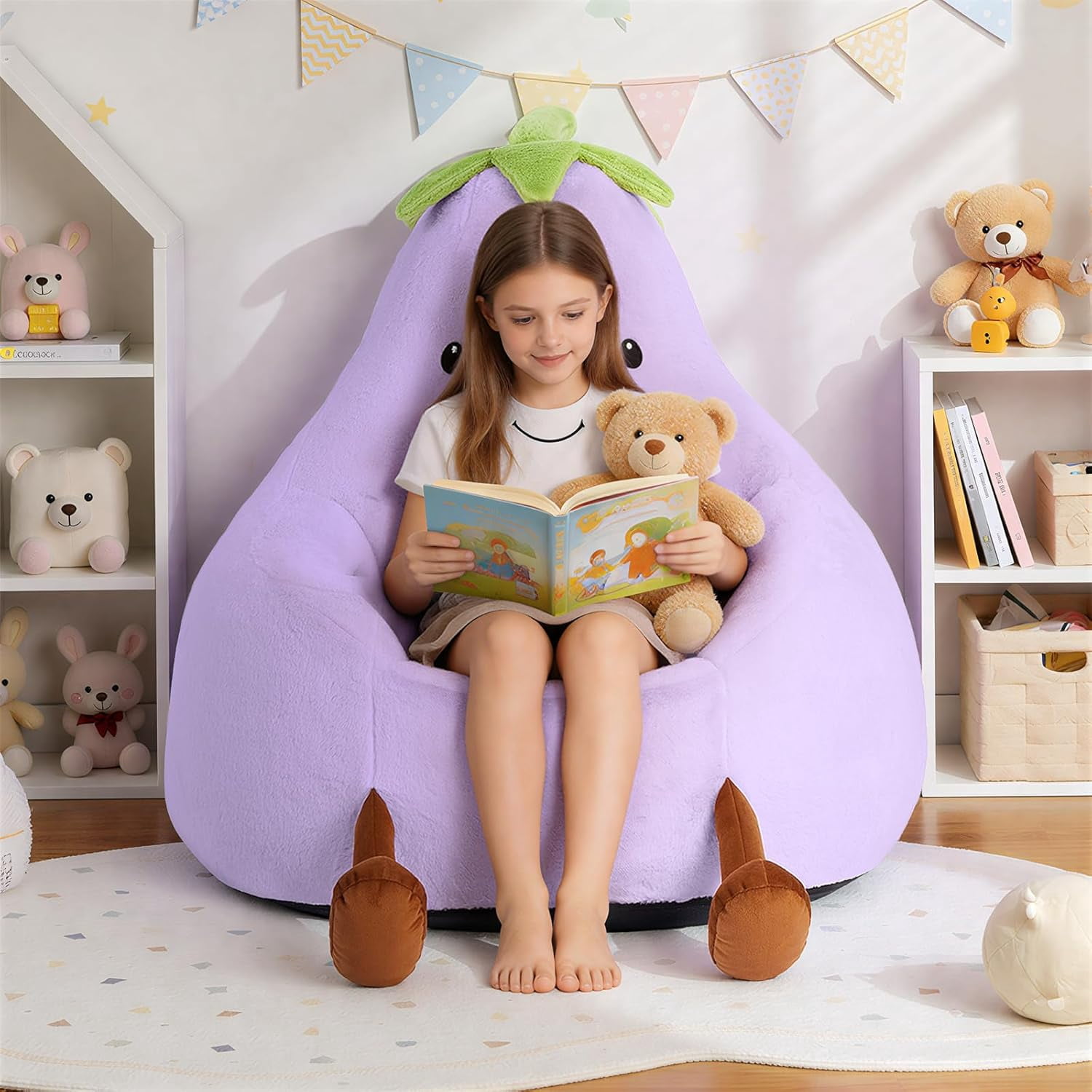 Simple Deluxe 2 ft Kids Bean Bag Chair, Faux Rabbit Fur Round Sofa with Handle and Washable Cover, Purple