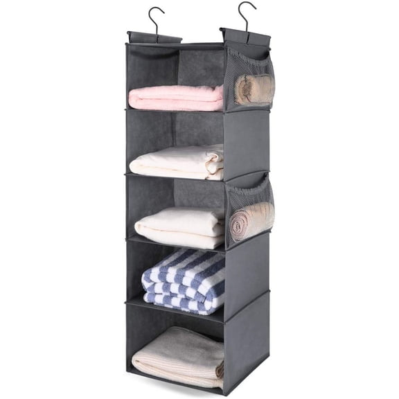 MAX Houser 5 Shelf Hanging Closet Organizer, Cloth Hanging Shelves with 4 Side Pockets, Foldable,(Gray)