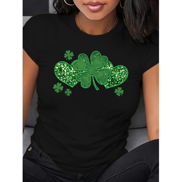 Women's Plus Size St. Patrick's Day Lucky Clover T-Shirt - Black with Green Glitter Shamrock Design,Camisetas de verano para mujer, manga corta, cuello redondo, casual, lindo, con gráficos, camisetas