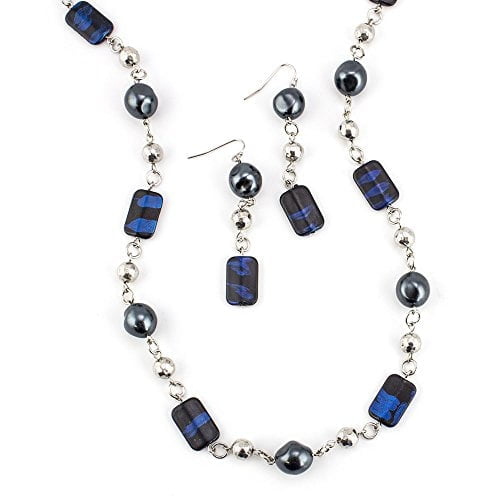 Vintage Art Nouveau Hand-Painted Glass Pearl Necklace and Earring Set - Blue and Silver Jewelry Necklace Earring Silver