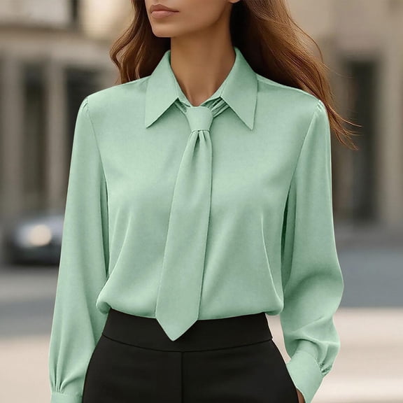 thefmos Women's Fall Winter Collared Long Sleeve Tie Front Satin Blouse Elegant Dressy Casual Business Work Tops Solid Comfy Office Shirt, Mint Green M
