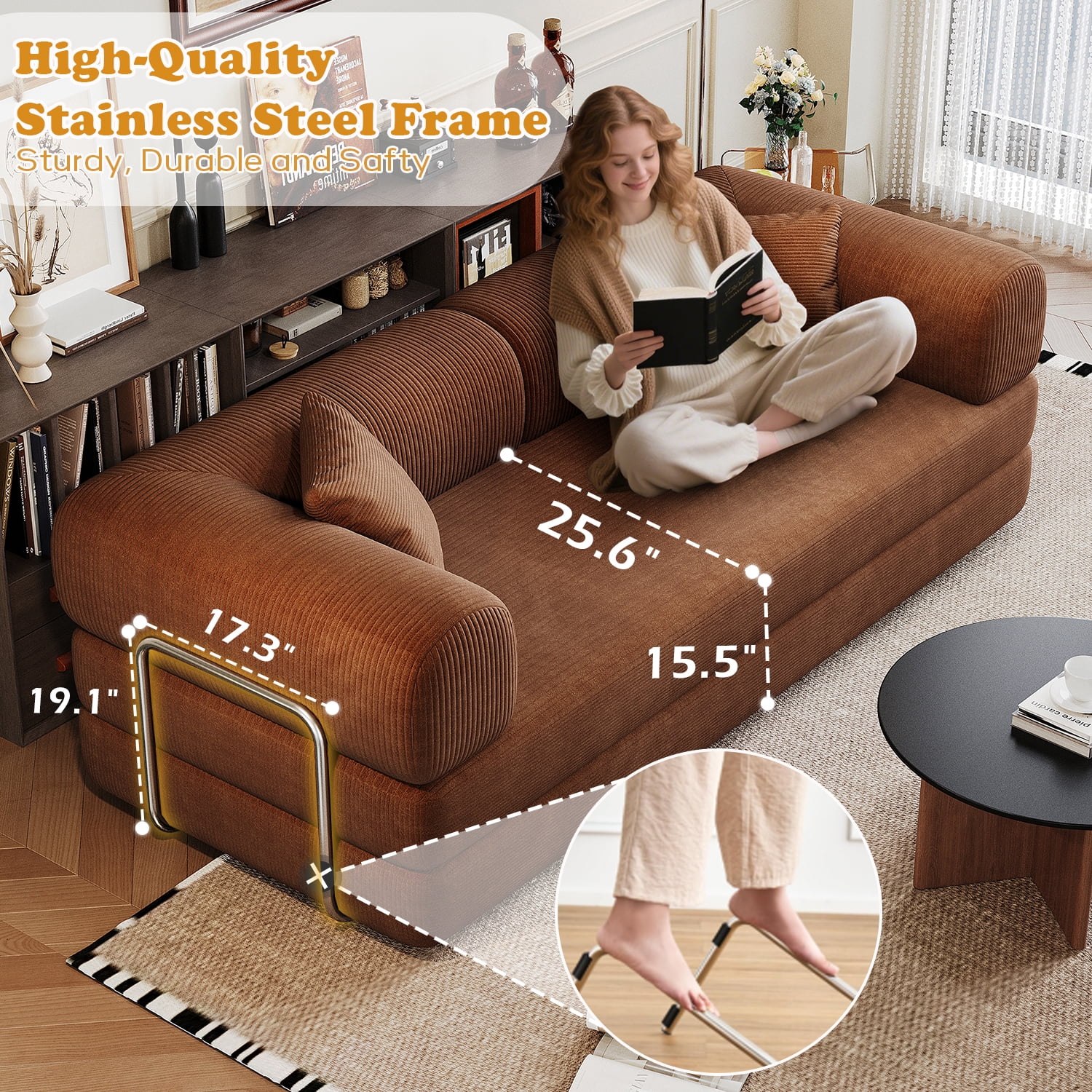 Eyisean 78.8" Corduroy Convertible Sofa Bed with Stainless Fixed-Shape Frame, 4-in-1 Boneless Loveseat with Pull-Out Bed, Lounge Futon Sofa Couch Floor Mattress for Living Room, No Assembly Required