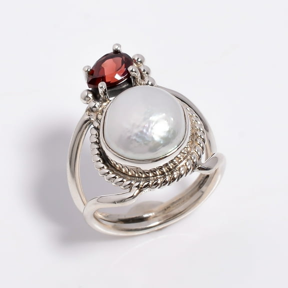 SATYAVIE JEWELLERY 925 Sterling Silver Rings for Women, Handamde Silver Baroque Pearl with Garnet Gemstone Ring Size US 7