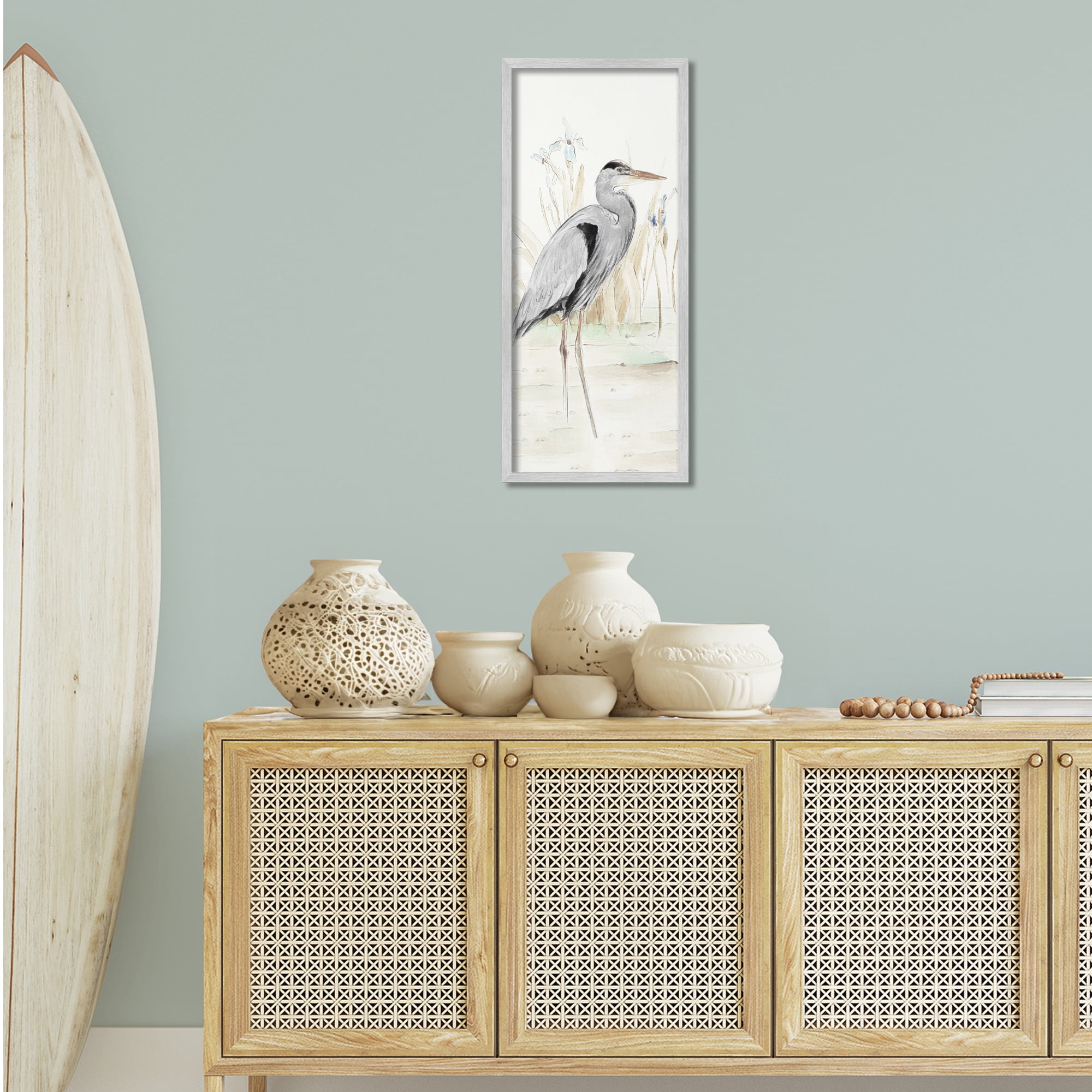 Stupell Industries Heron in Lake Drawing Animals & Insects Drawing Gray Framed Art Print Wall Art, 13 x 30