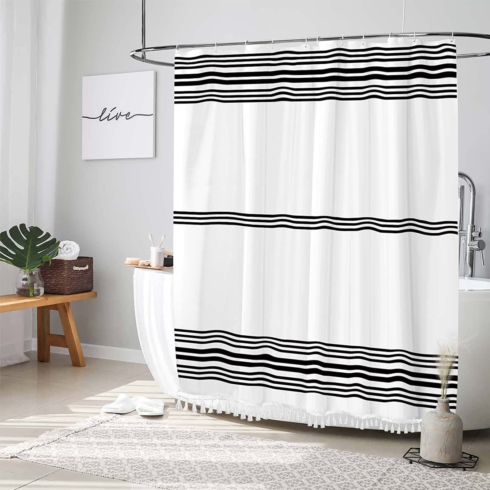 Shower Curtain Striped with Tassel Modern Bathroom Curtains, Fabric Black  and White, Waterproof 72x72 inch 